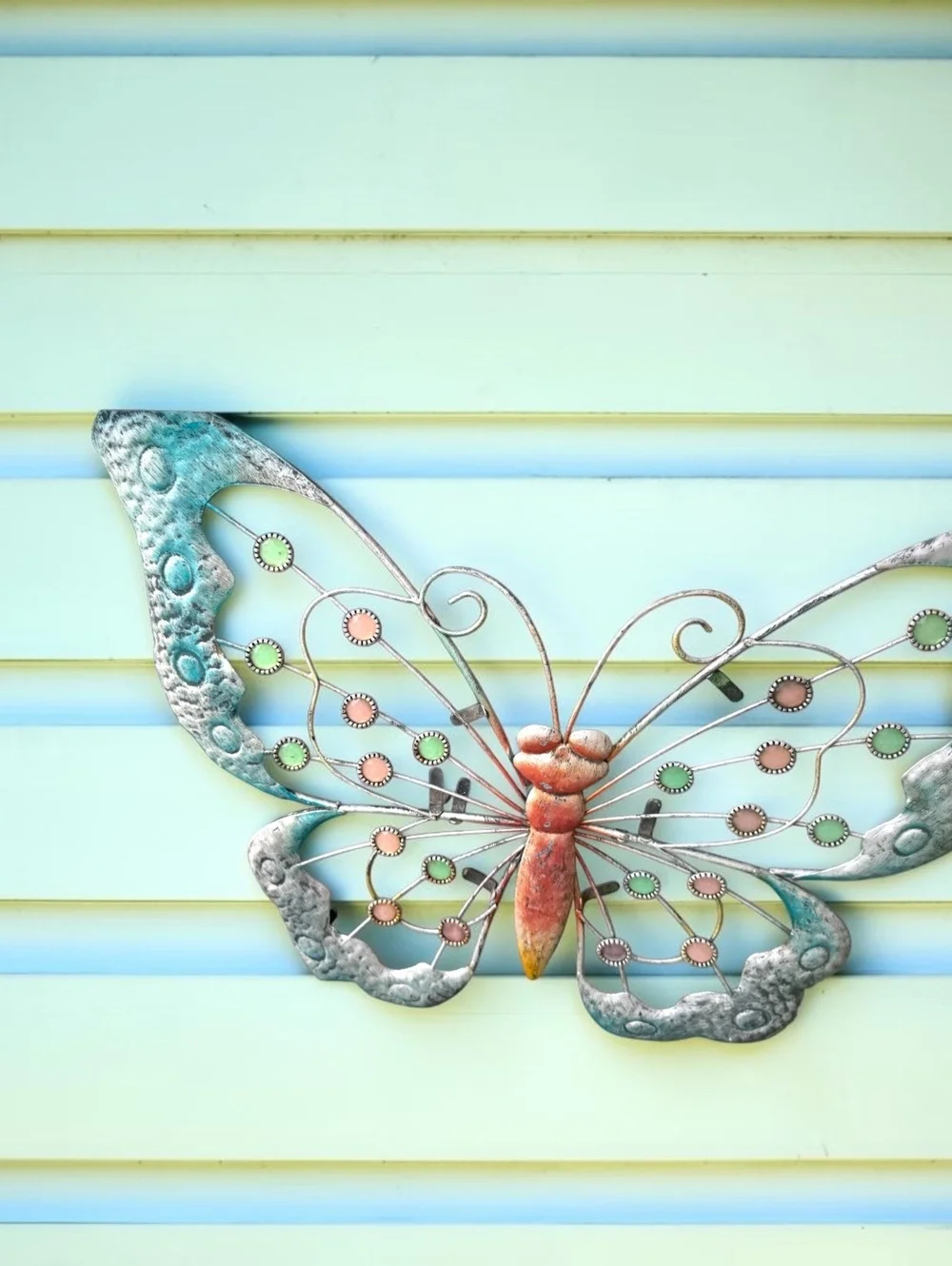 Large Metal Butterfly Wall Decor Turquoise Pink Jeweled Garden Art 30 Inch